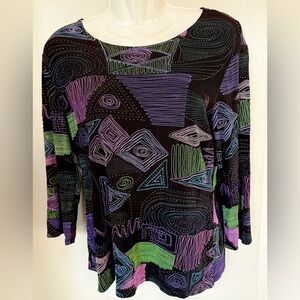 Vintage 80’s Elementz Black Slinky stretch Travel Top Women’s S 4 6 Geometric